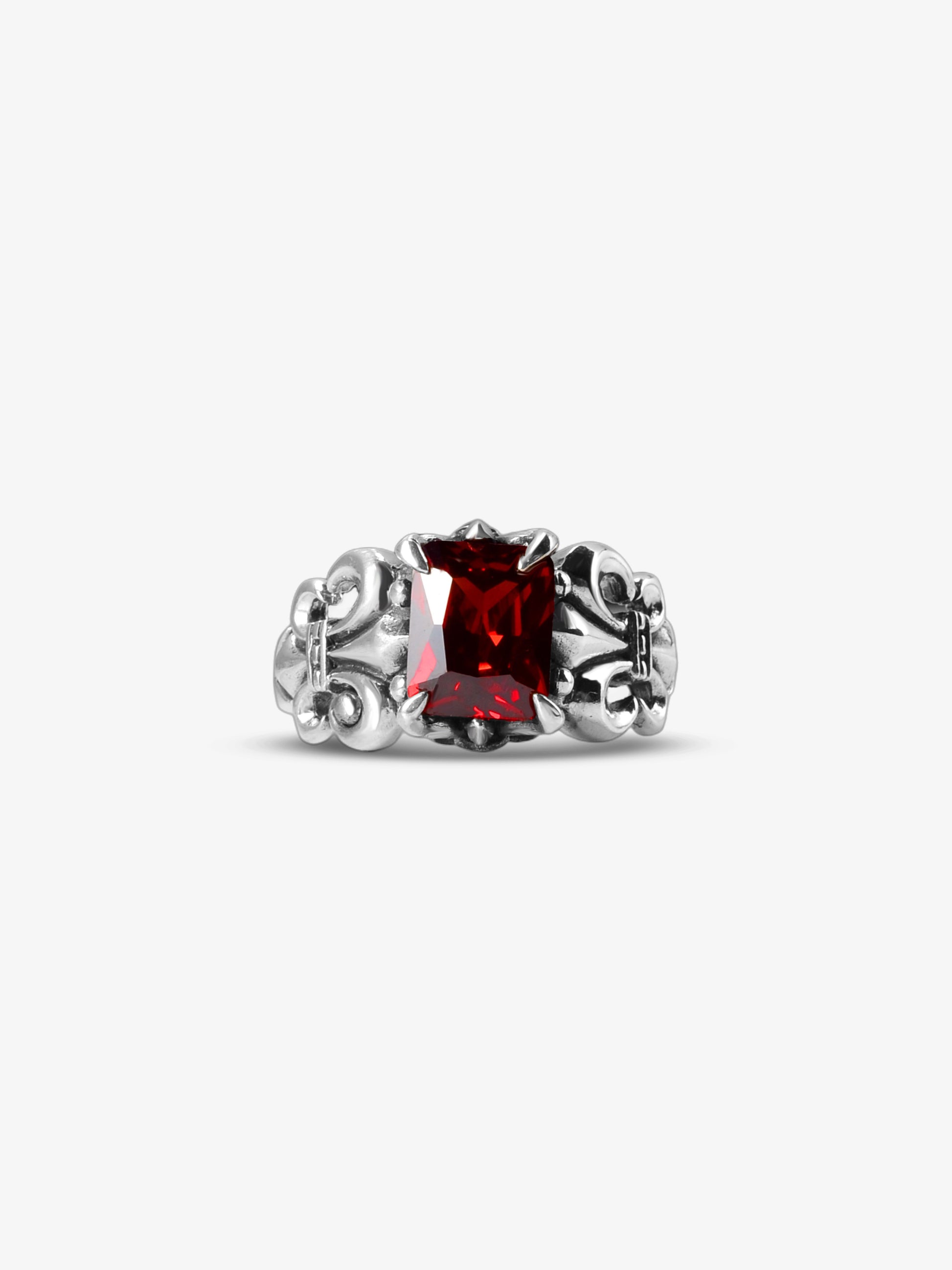 Noctain 925 Sterling Silber Ring Fleur de Lis „Noirlis“ roter Stein - Hochwertiger Ring frontale Ansicht