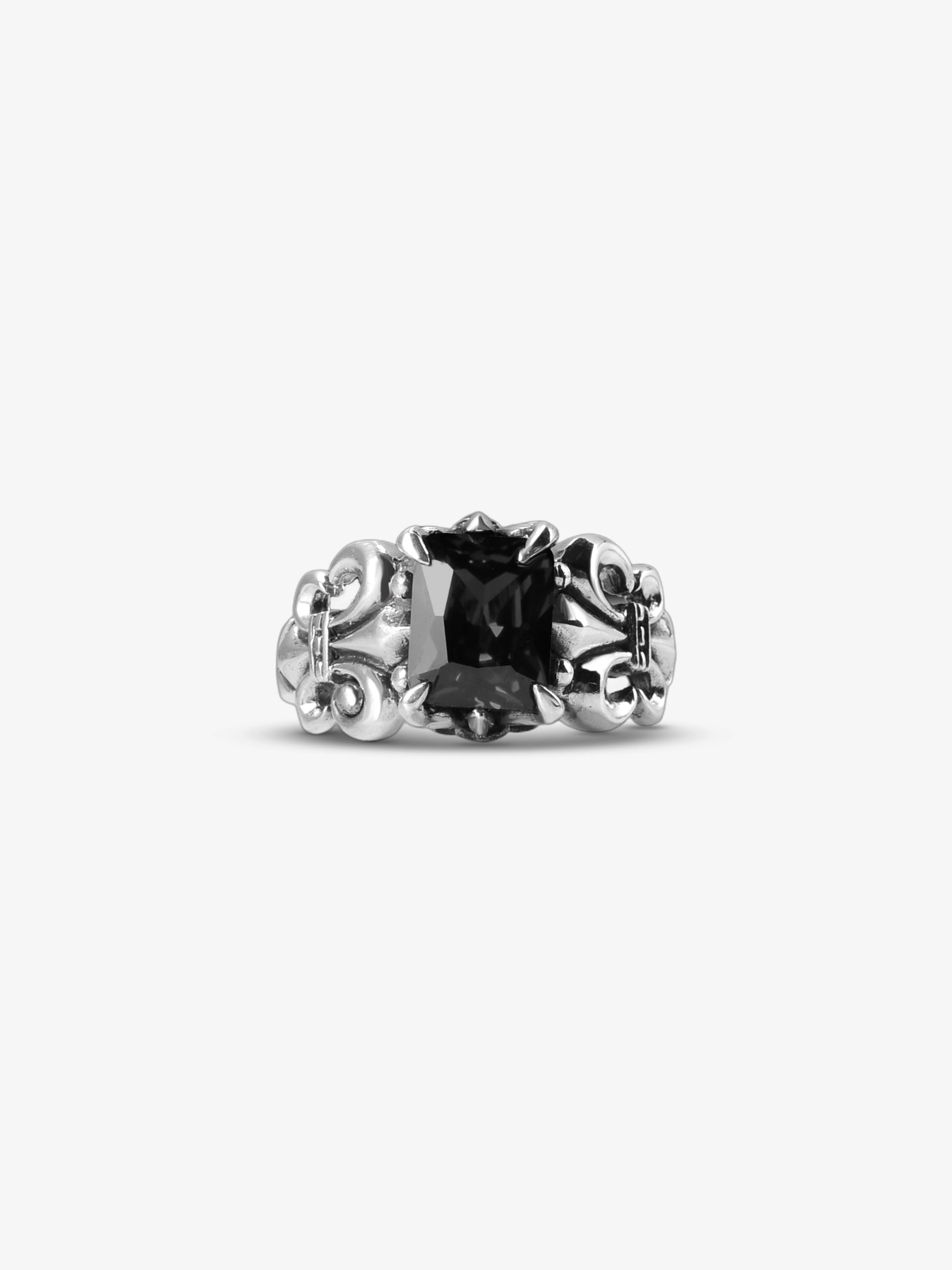 Noctain 925 Sterling Silber Ring Fleur de Lis „Noirlis“ schwarzer Stein - Hochwertiger Ring frontale Ansicht