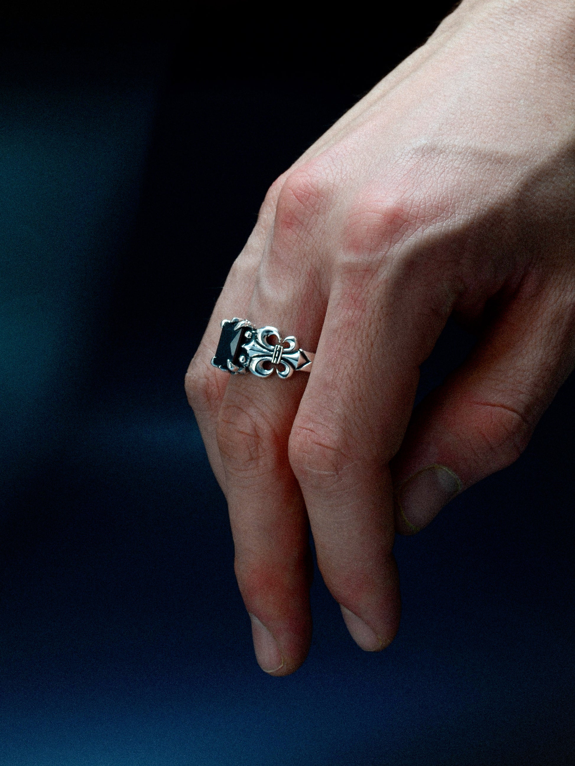 Noctain 925 Sterling Silber Ring Fleur de Lis „Noirlis“ schwarzer Stein - Szene Finger - Hochwertiger Ring an Finger