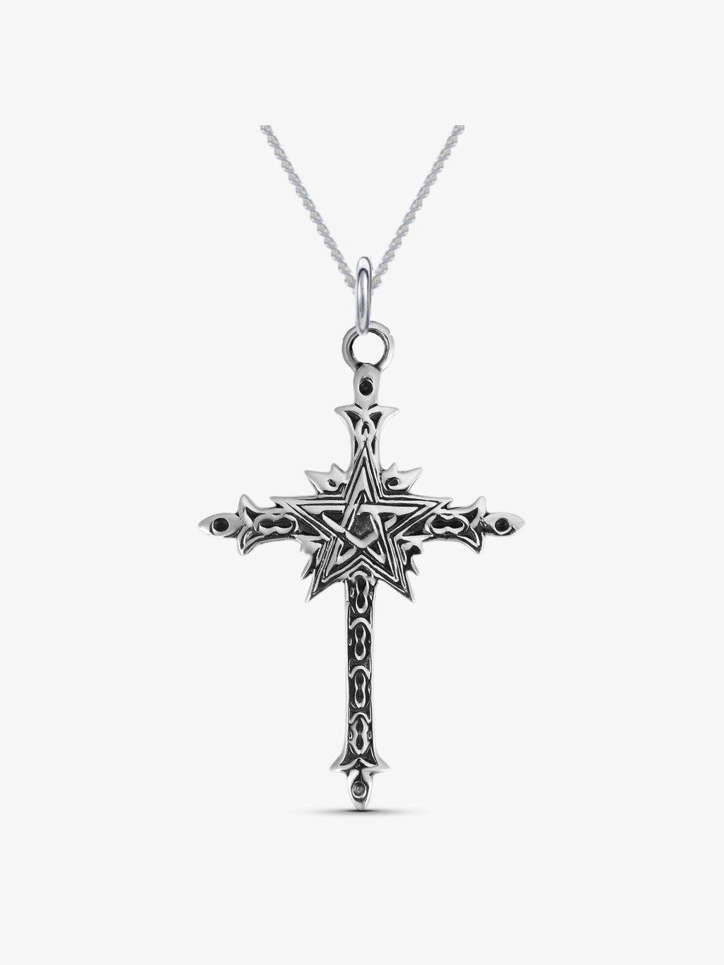 noctain Kreuz Anhänger mit Pentagramm aus 925 Sterling Silber, detaillierter Gothic Schmuck mit okkultem Symbol, massiver Silberanhänger für Damen und Herren im Rocker Style, AH-S-8 Front