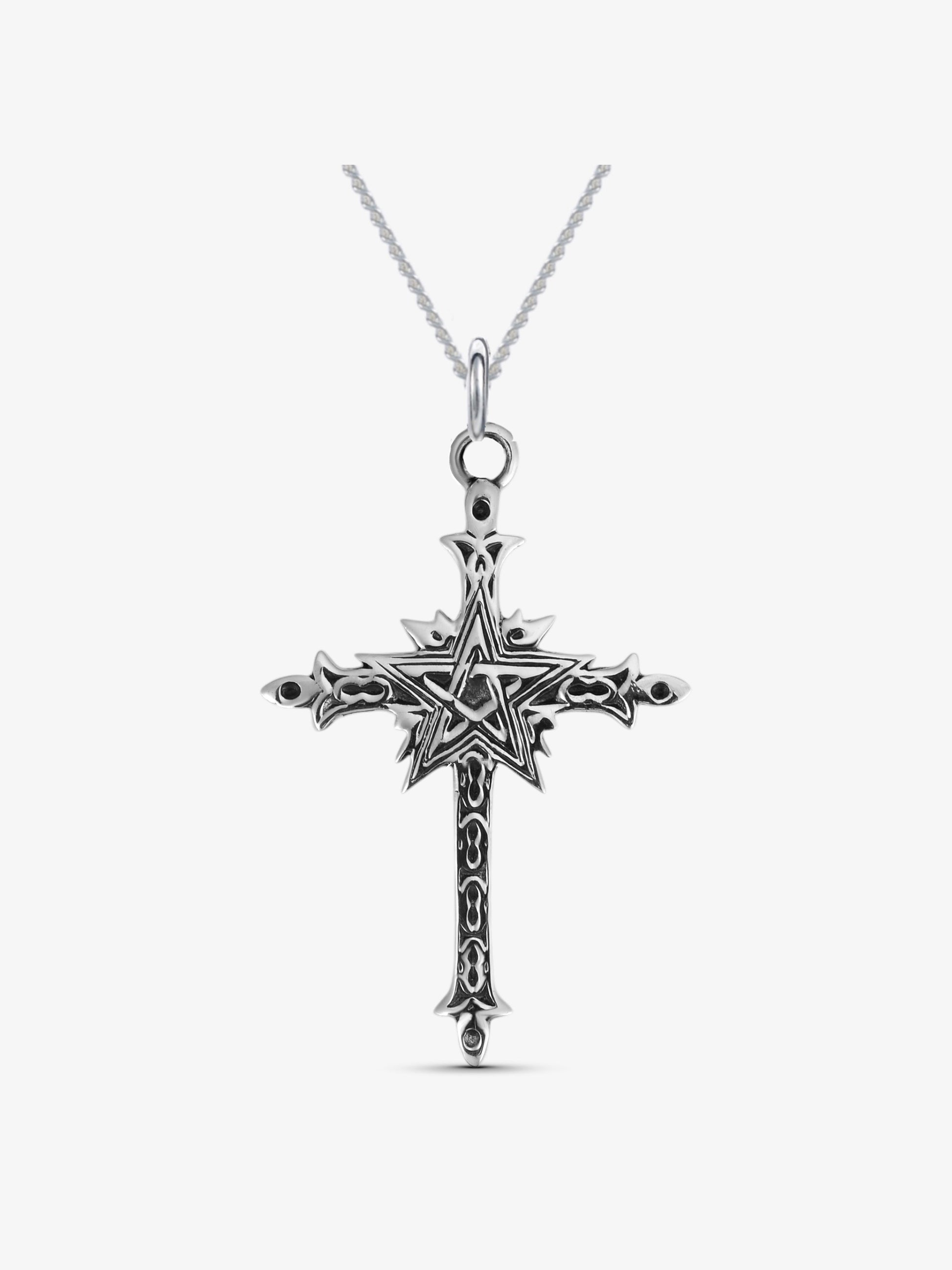 noctain Kreuz Anhänger mit Pentagramm aus 925 Sterling Silber, detaillierter Gothic Schmuck mit okkultem Symbol, massiver Silberanhänger für Damen und Herren im Rocker Style, AH-S-8 Front