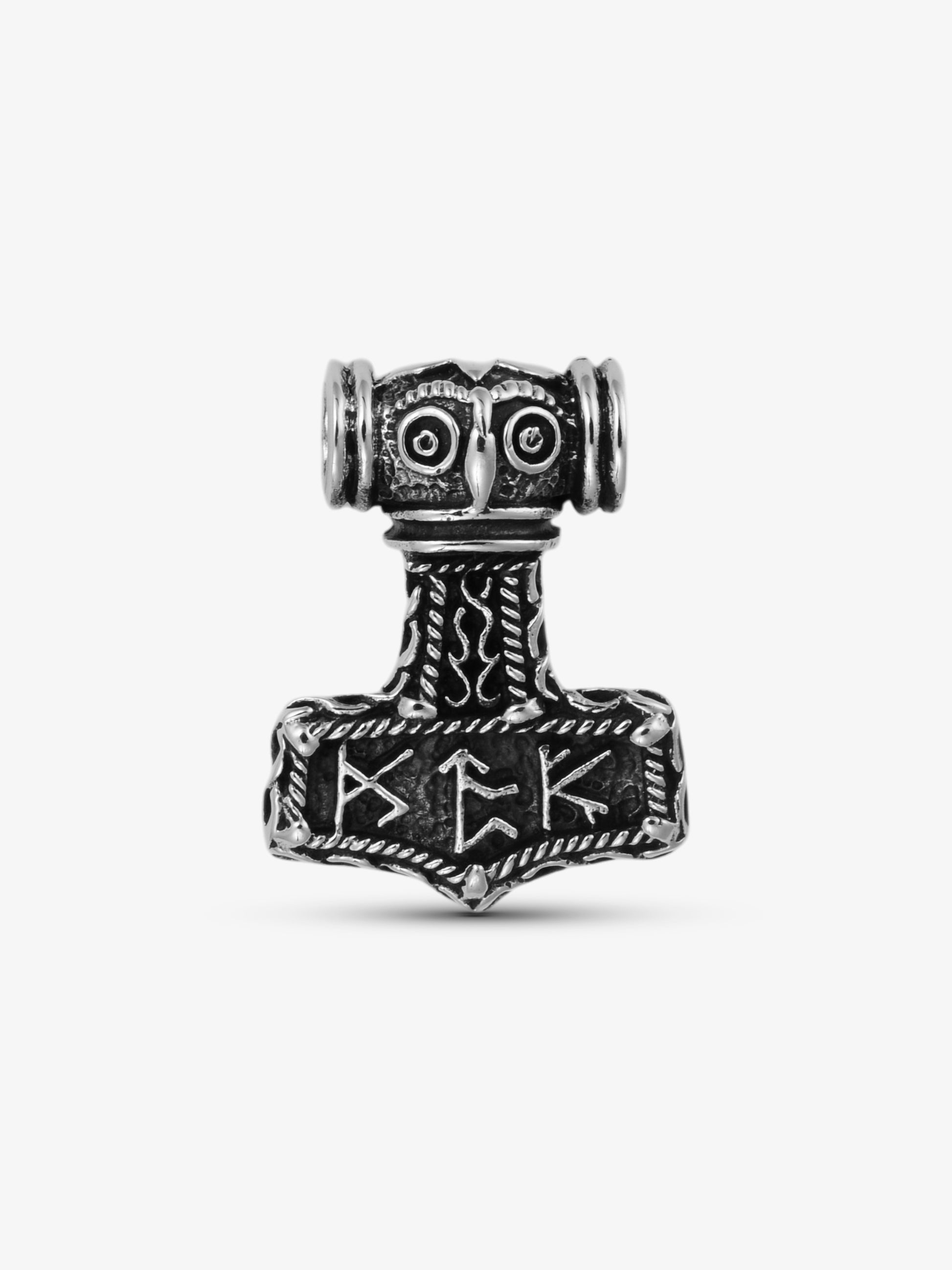 noctain Thorshammer Anhänger Mjölnir aus hochwertigem 925 Silber, Wikinger Schmuck mit Runen Gravur und Eulen Motiv, nordisches Schutzsymbol für Herren und Damen Front