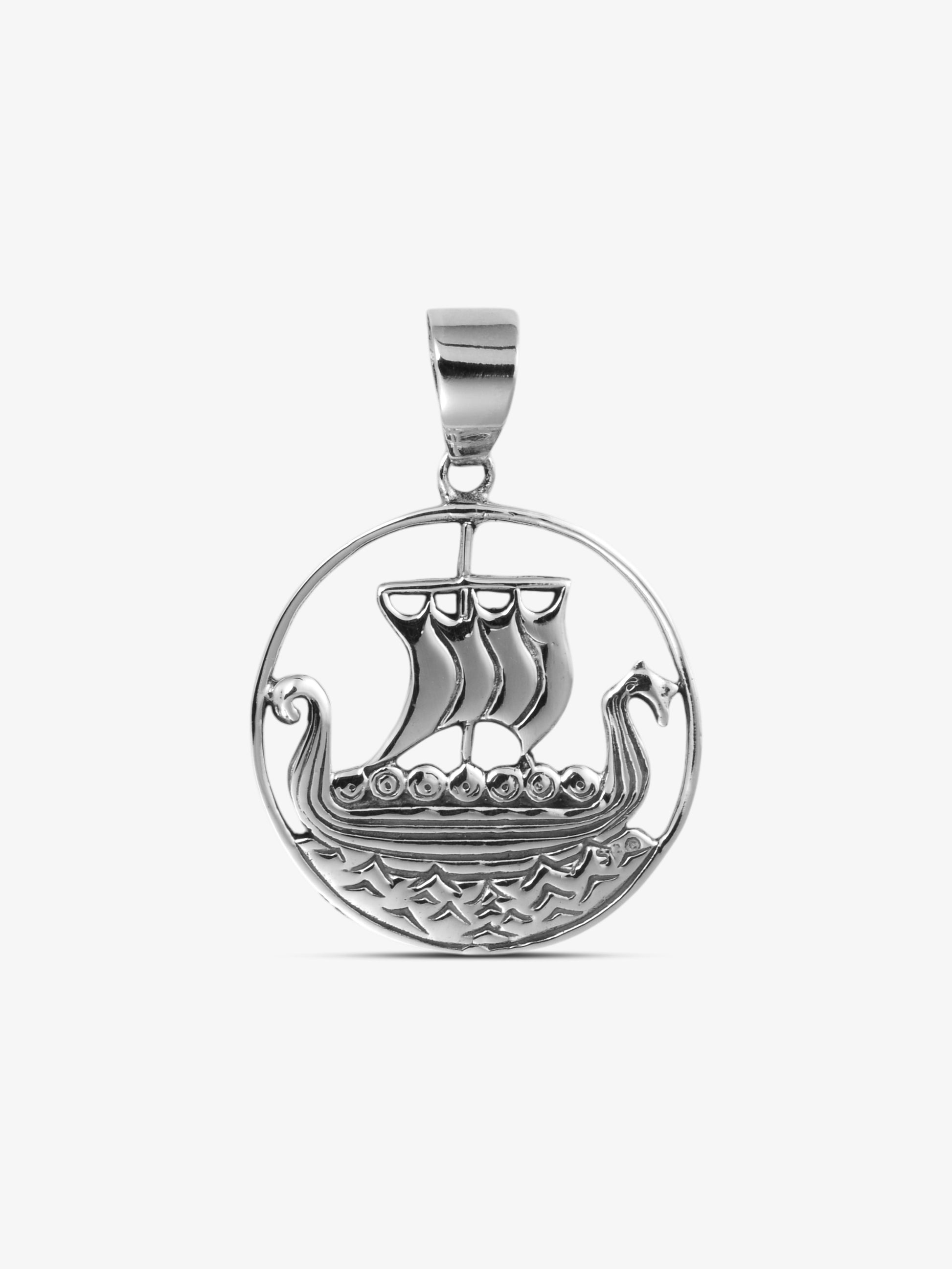noctain Wikingerschiff Anhänger aus echtem 925 Sterling Silber, detailreiches Drakkar Drachenboot im Rundrahmen, nordischer Schmuck und Wikinger Symbolik für Halsketten, Silberanhänger AH-S177