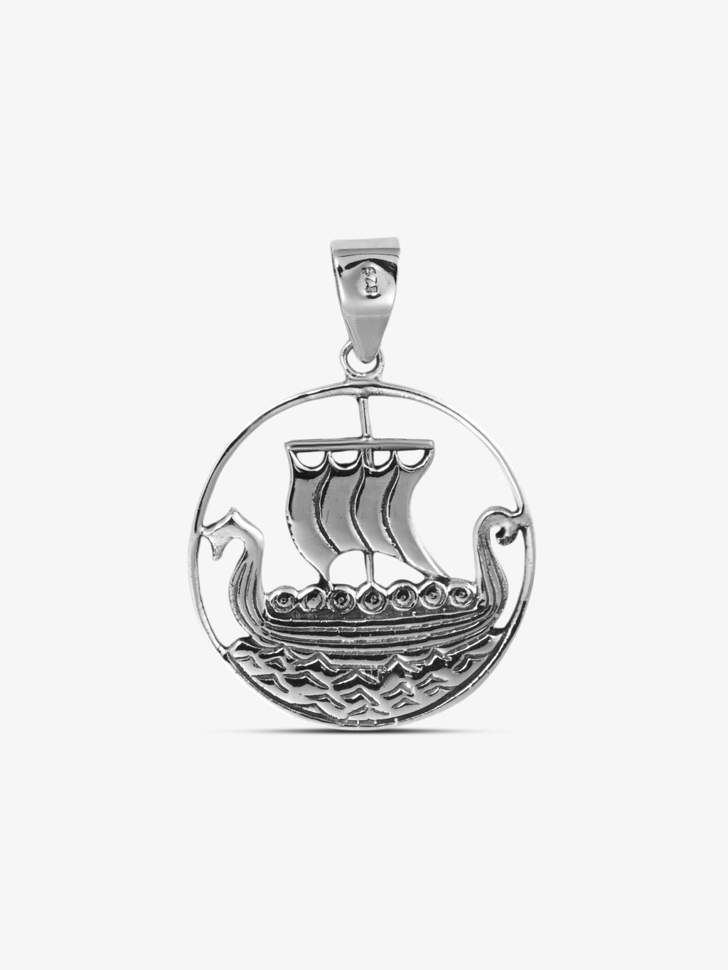 noctain Wikingerschiff Anhänger aus echtem 925 Sterling Silber, detailreiches Drakkar Drachenboot im Rundrahmen, nordischer Schmuck und Wikinger Symbolik für Halsketten, Silberanhänger AH-S177 Rückseite